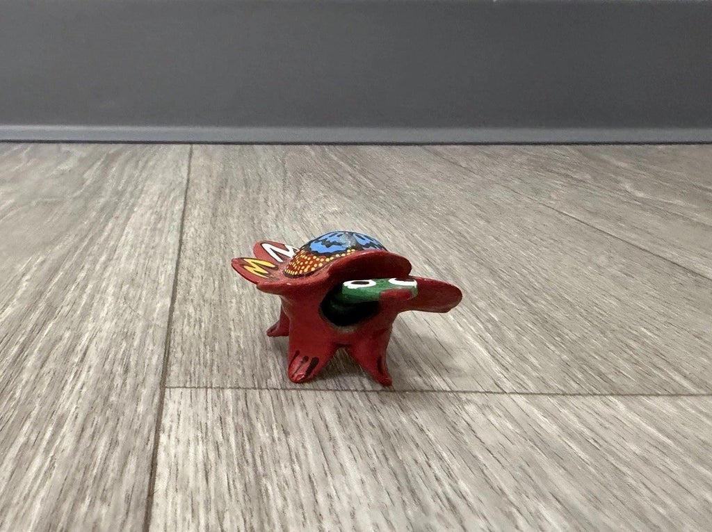 Vintage Nodder Bobble Head Turtle Hand Painted Mexico Folk Art RED Blue
