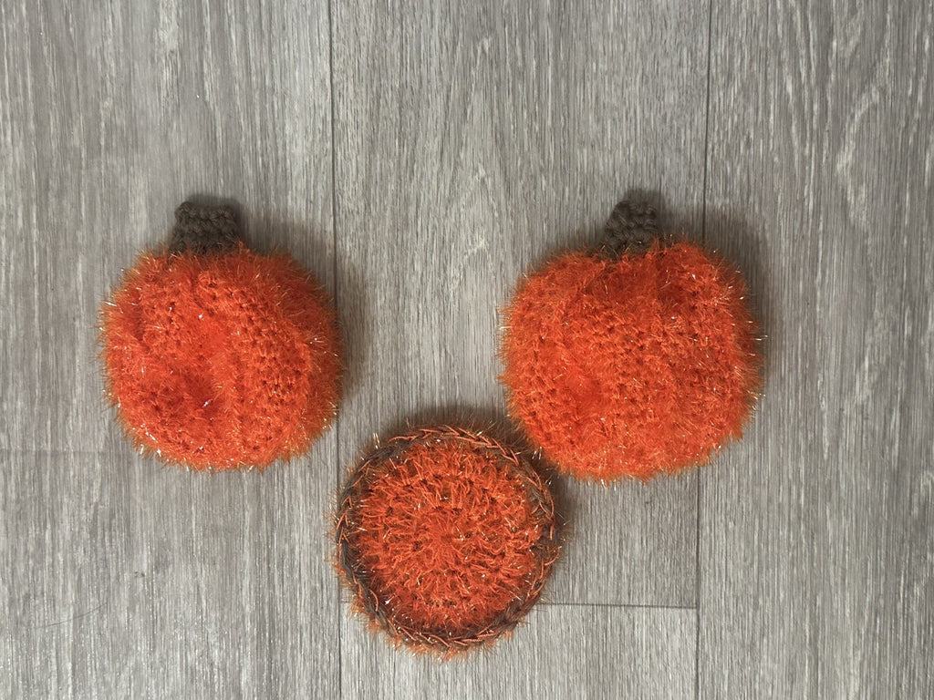 Handmade Crocheted Pumpkin Scrubber Set | 2 Pumpkin & 1 Dual-Sided Round Scrubby