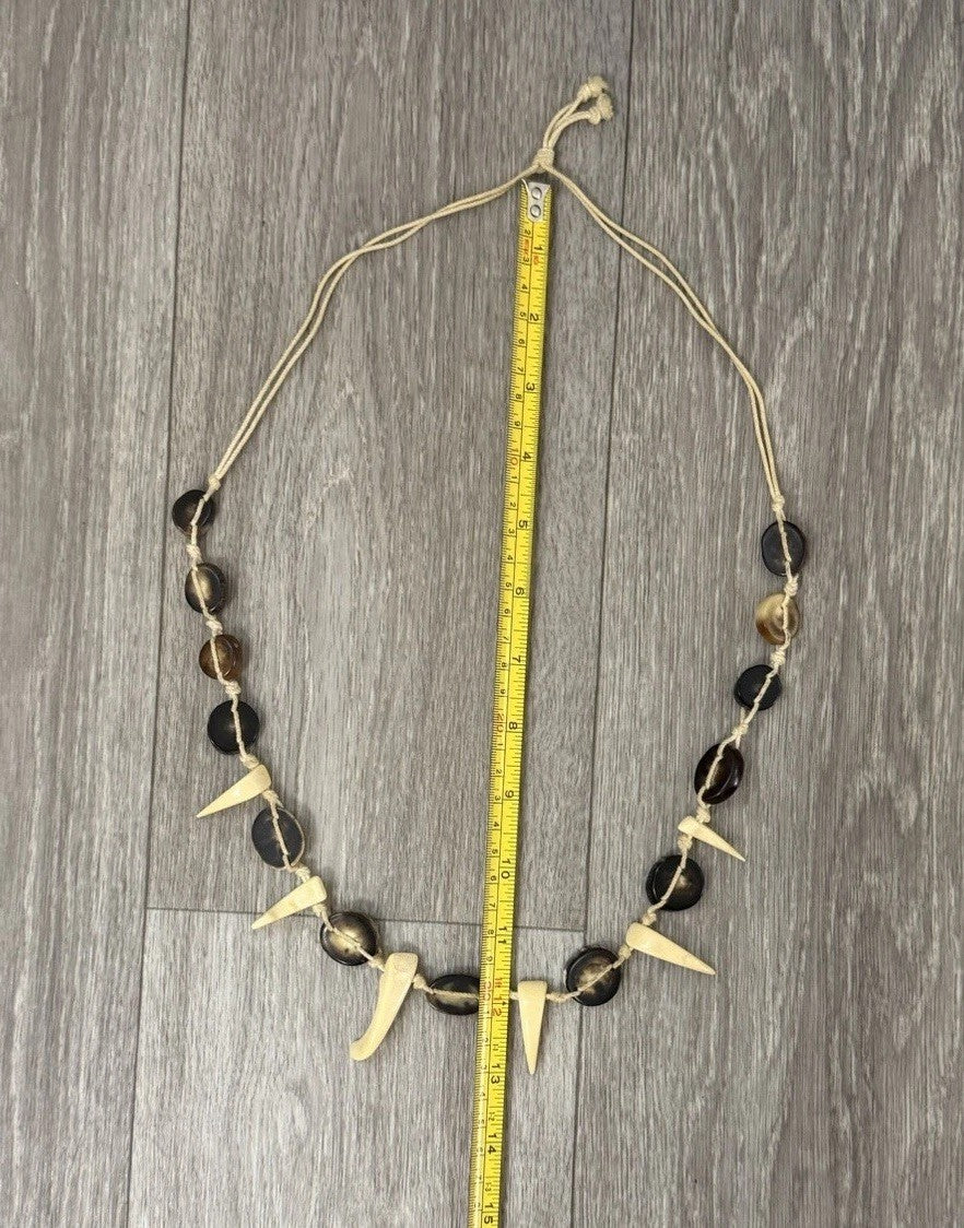 Vintage Handmade Knotted Carved Shell Boho Tribal Necklace