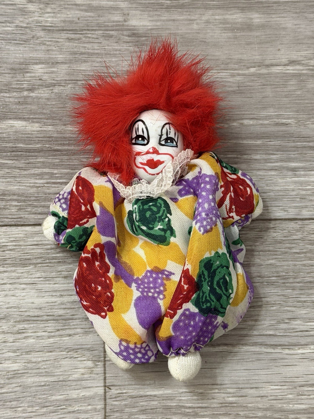Vintage Imperial Porcelain Face Clown Doll 5” Plush Toy With Wild Red Hair