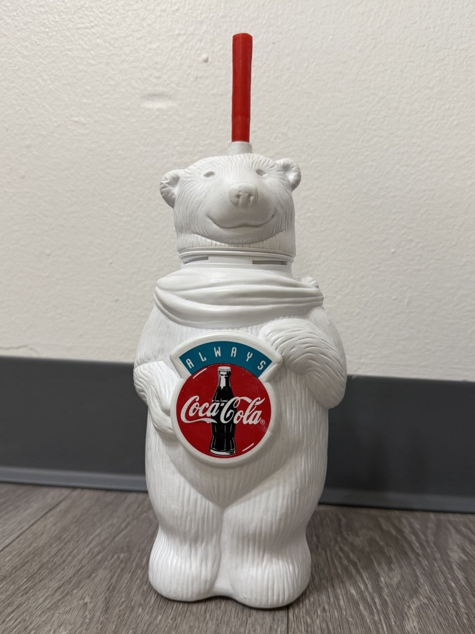 Vintage Coca Cola Polar Bear Water Bottle w/ Red Straw 