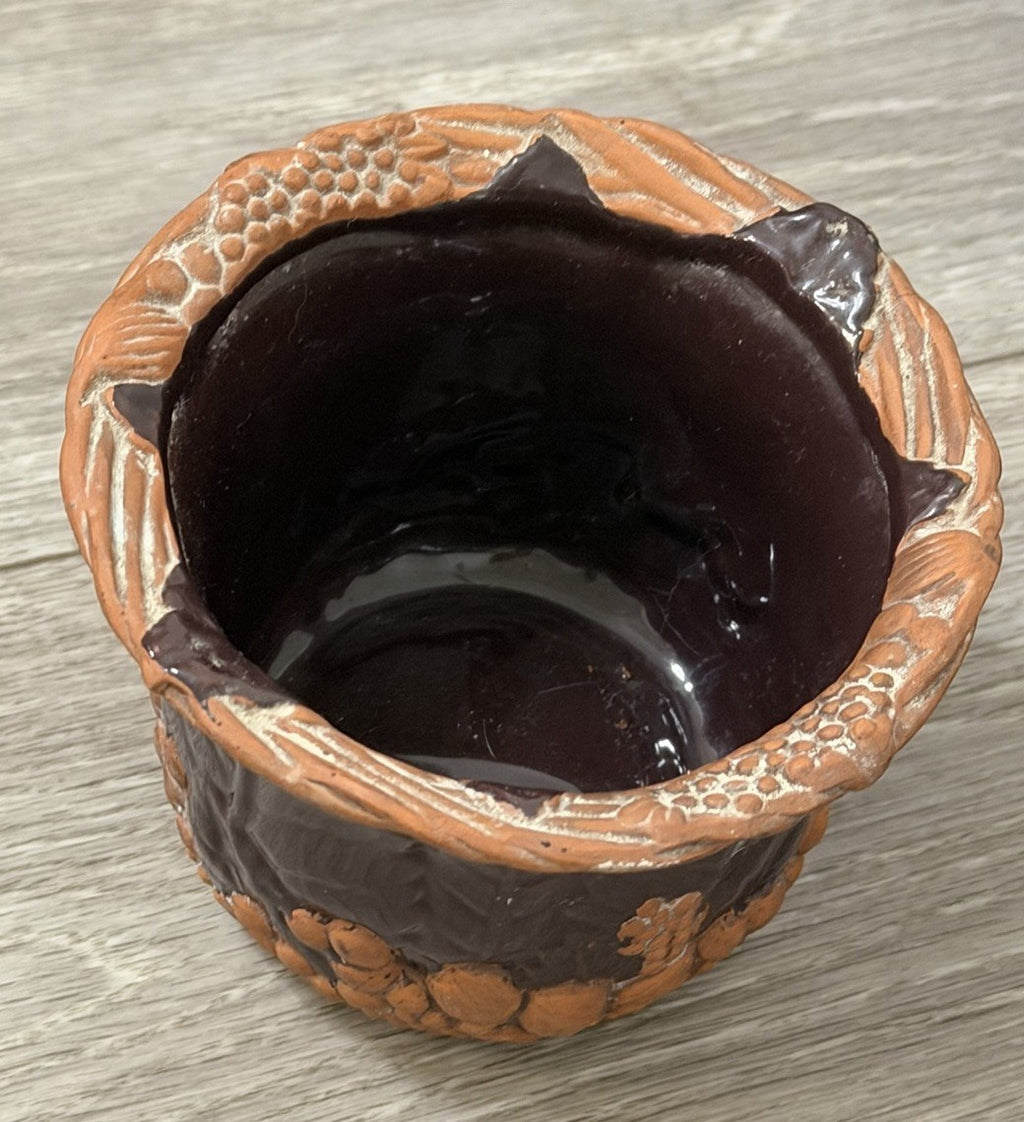 Claire Burke Art Pottery Red Clay Dish Bowl Hand Painted Fruit Grape Design 