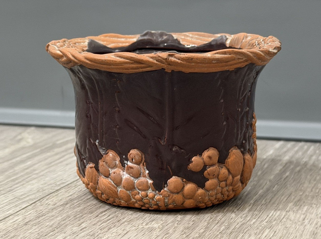 Claire Burke Art Pottery Red Clay Dish Bowl Hand Painted Fruit Grape Design 
