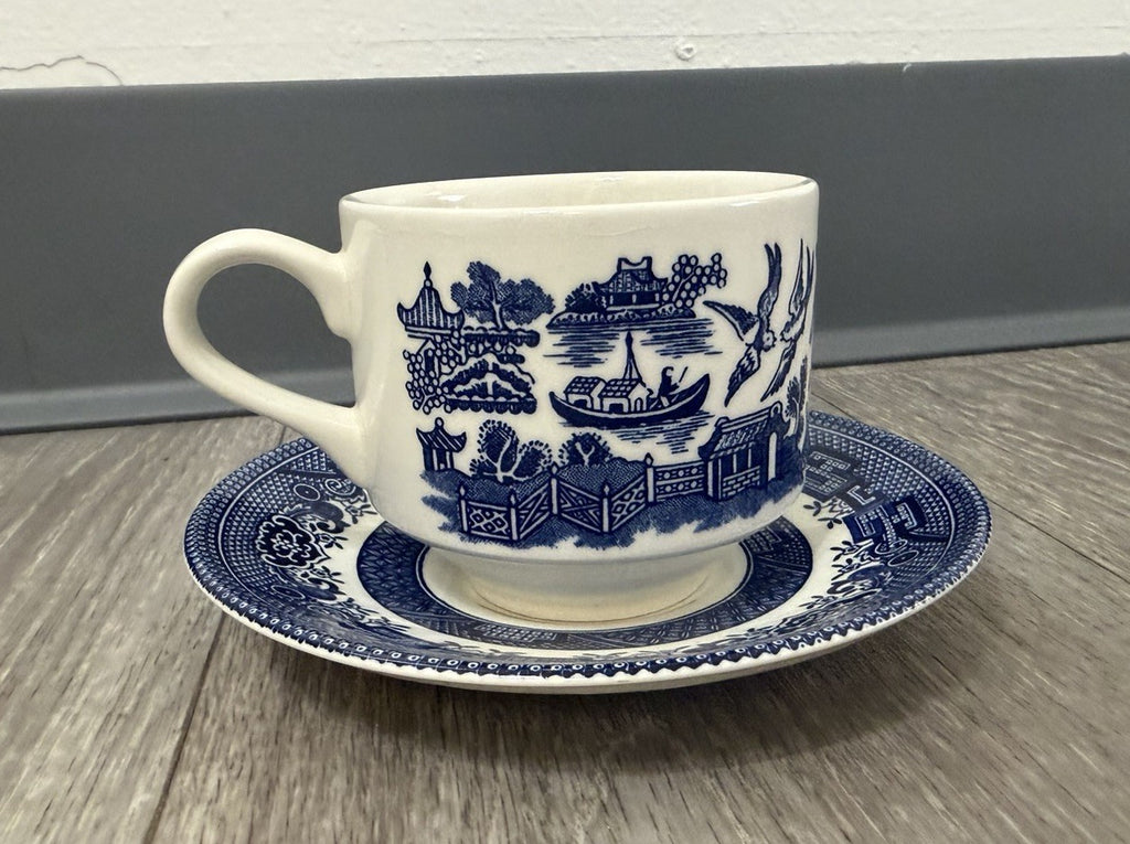 Churchill England Blue Willow Ceramic Teacup & Saucer England HAIRLINE CRACK