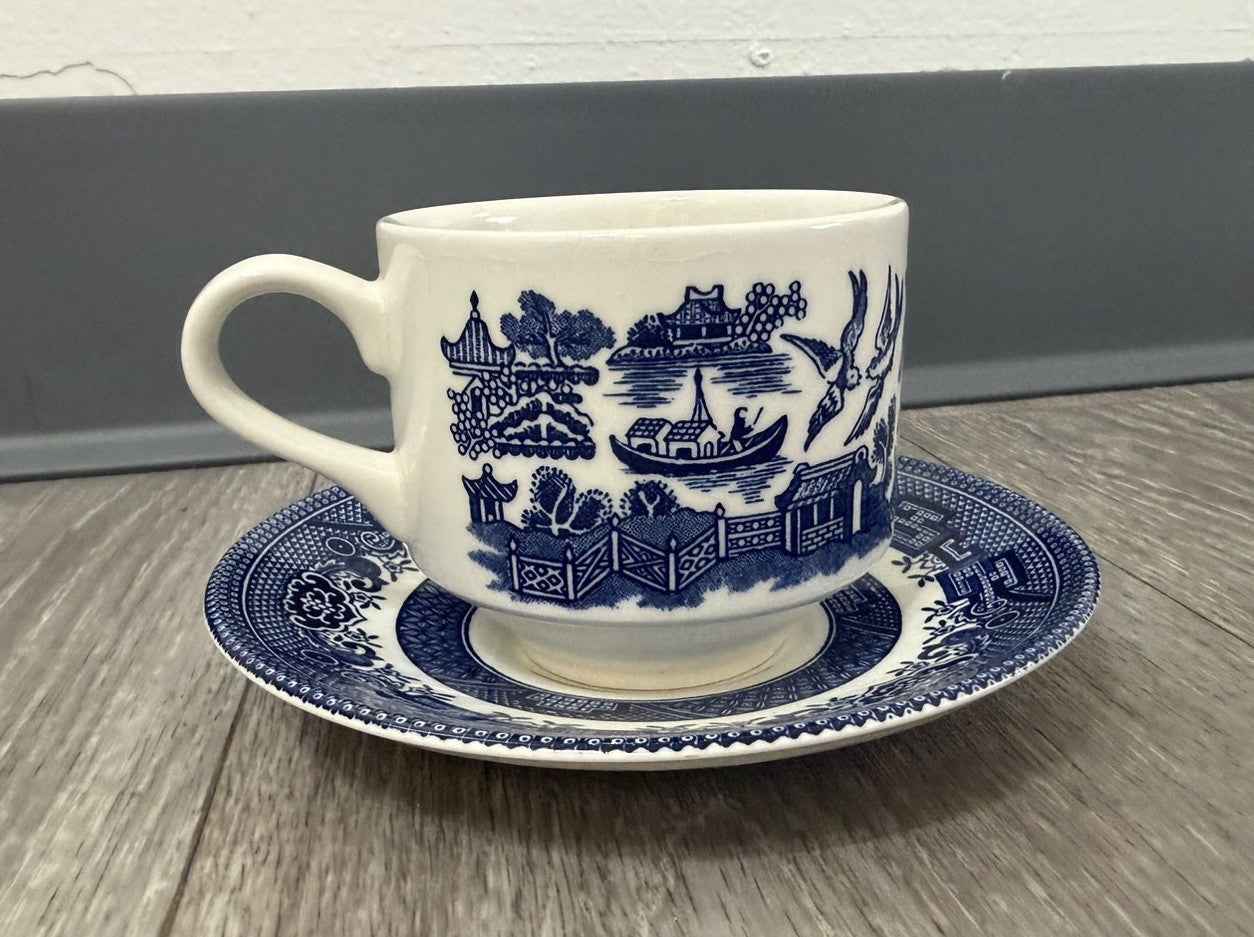 Churchill England Blue Willow Ceramic Teacup & Saucer England HAIRLINE CRACK