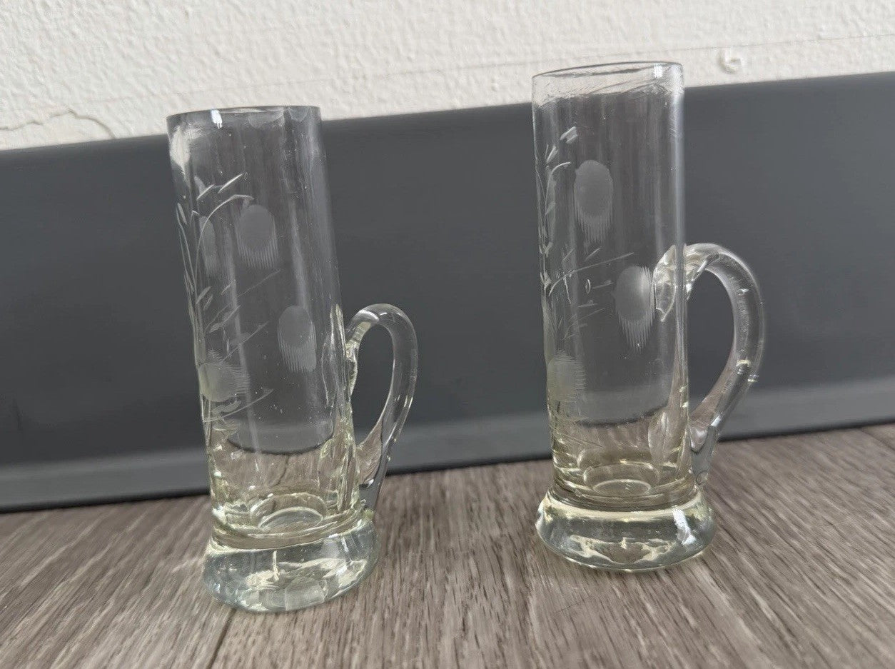 Shot Sake Liqueur Pair Glasses Japanese Etched Plant w/ Handles Vintage CHIPPED