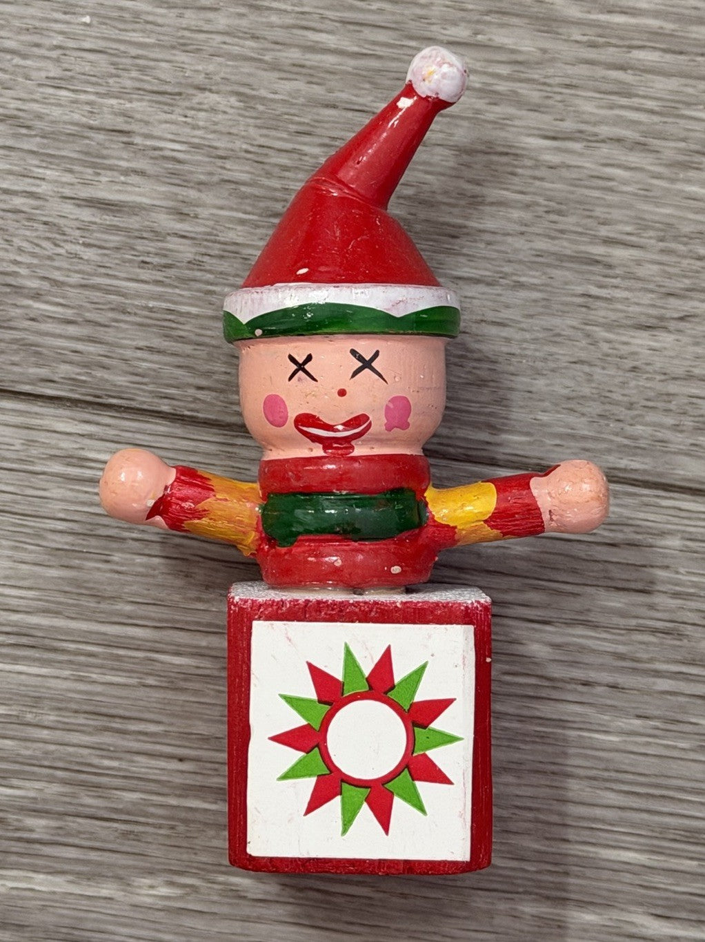 Vintage Wooden Jack In The Box Clown  Red Green Christmas Ornament ~ Taiwan