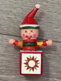Vintage Wooden Jack In The Box Clown  Red Green Christmas Ornament ~ Taiwan