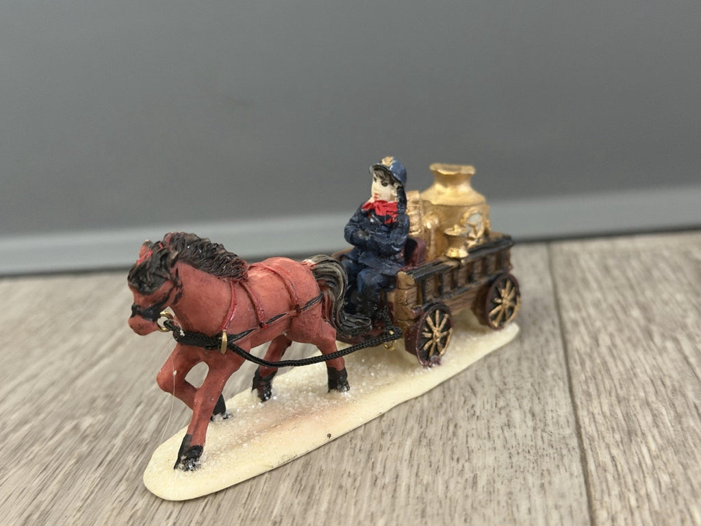 Horse-Drawn Fire Pumper Wagon w/ Firefighter, Vintage Christmas Village Figurine
