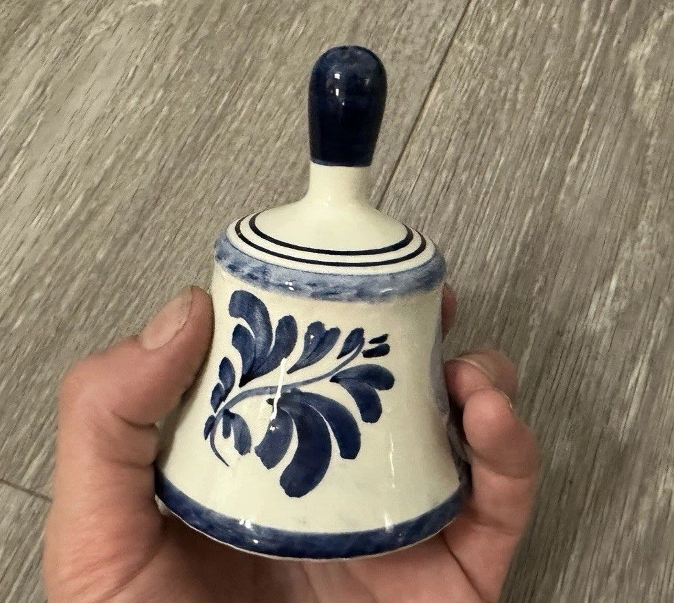 Vintage DELFTt Holland Blue and White Hand-Painted Windmill Leaf Bell 3”