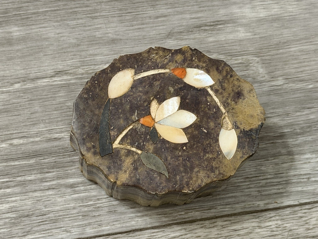 Vintage Stone Trinket Box Abalone Inlay Made In India 3” X 2.25” X 1.5” Tall