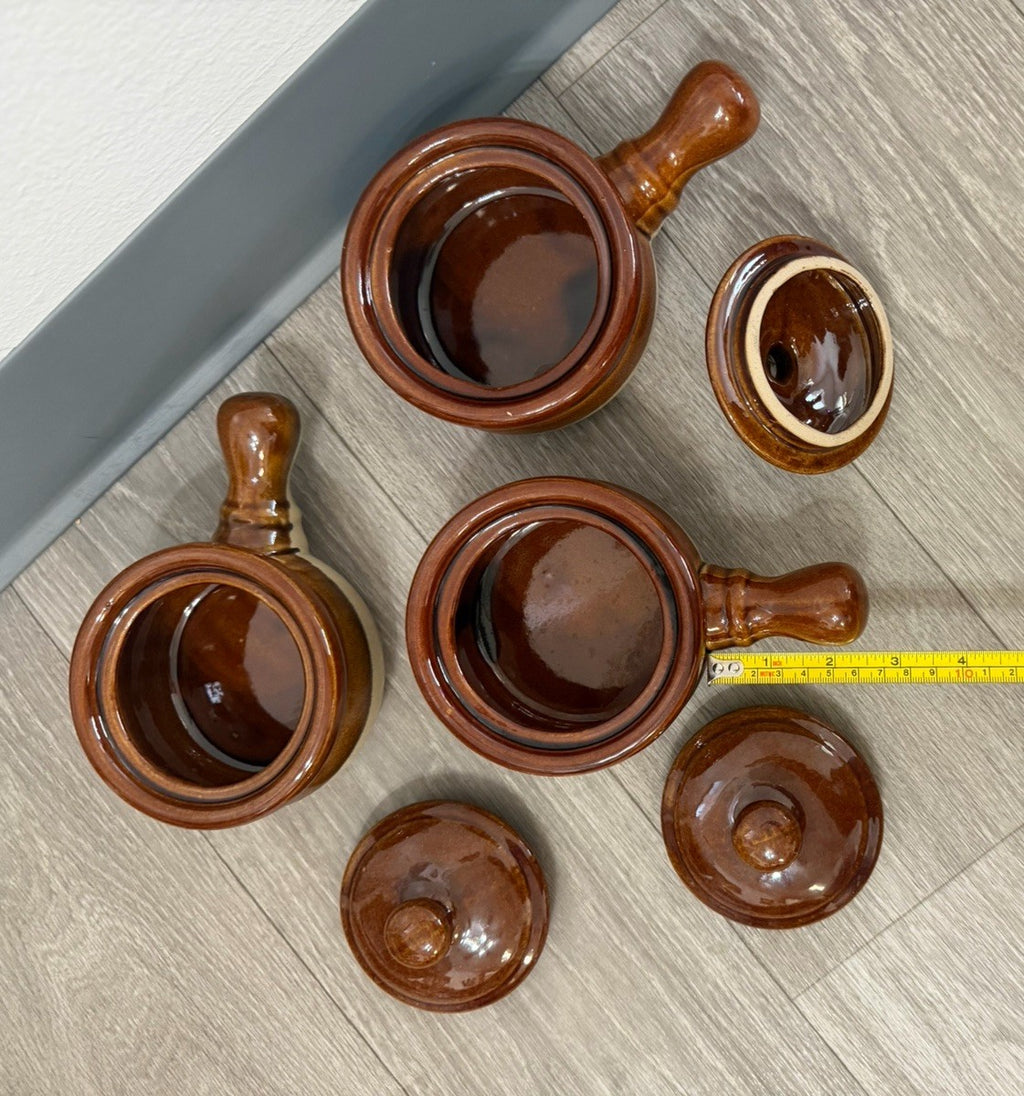 French Onion Crocks with Handle Stoneware with Lids/ Onion Soup Crocks/ Set of 3