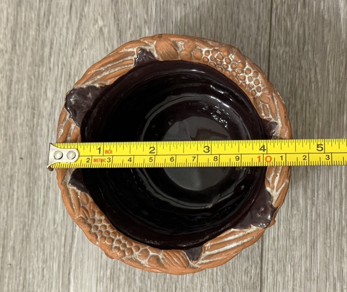 Claire Burke Art Pottery Red Clay Dish Bowl Hand Painted Fruit Grape Design 