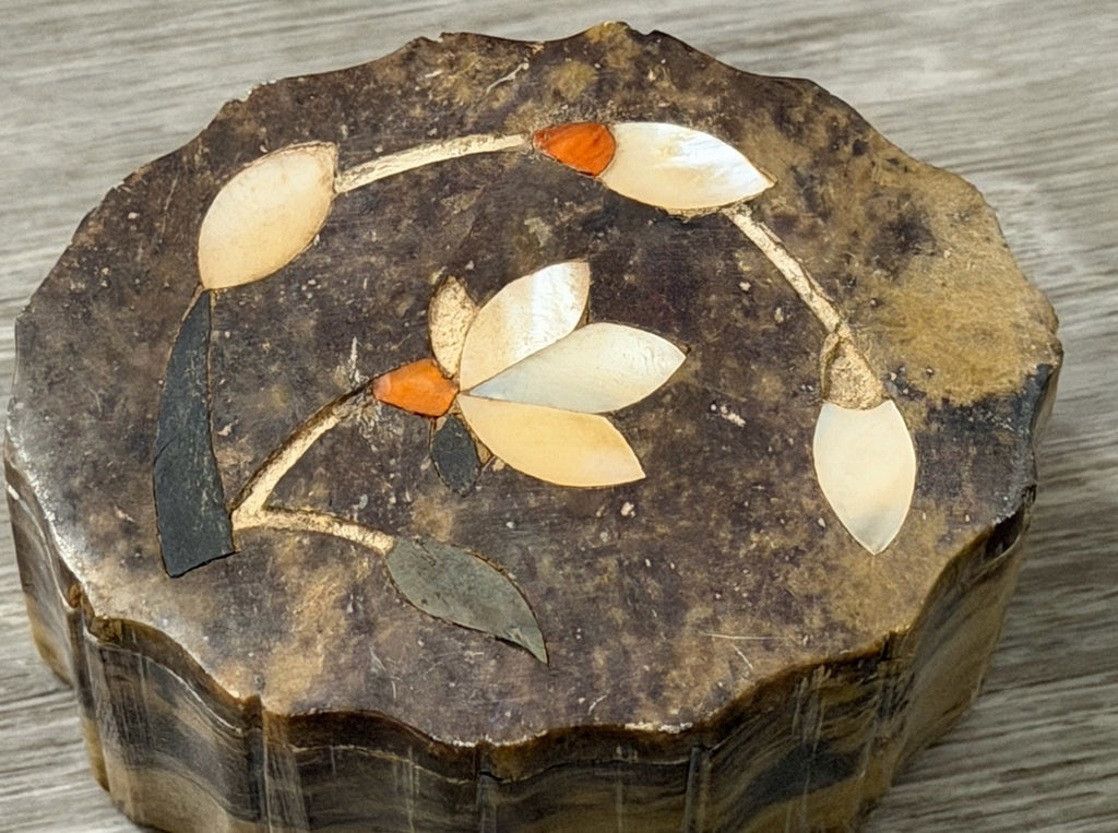 Vintage Stone Trinket Box Abalone Inlay Made In India 3” X 2.25” X 1.5” Tall