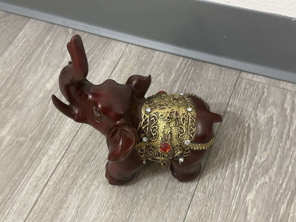 Ornate Decorative Elephant Figurine Red Resin with Gold Accents - Missing 1 Gem