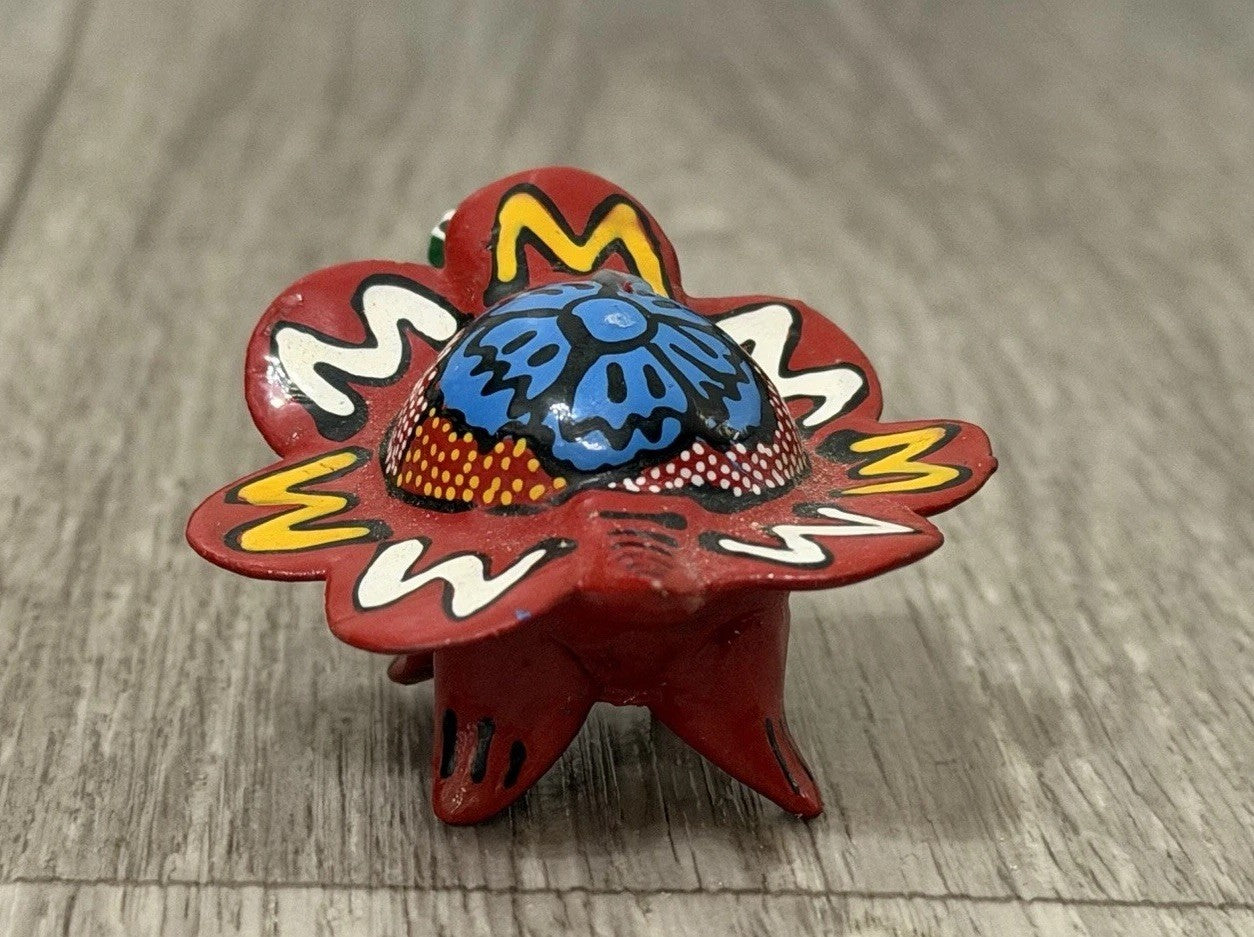 Vintage Nodder Bobble Head Turtle Hand Painted Mexico Folk Art RED Blue