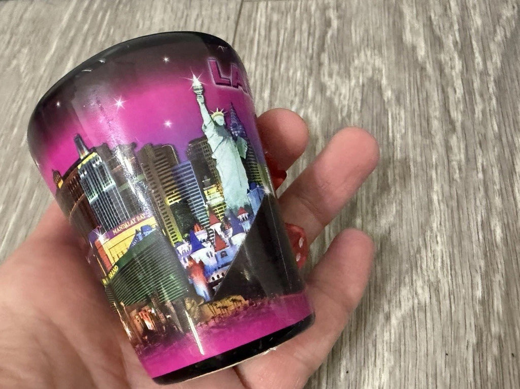 E - Shot Glass - 2.5" Black Las Vegas with inserted Dice