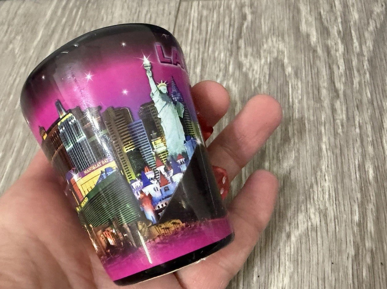 E - Shot Glass - 2.5" Black Las Vegas with inserted Dice