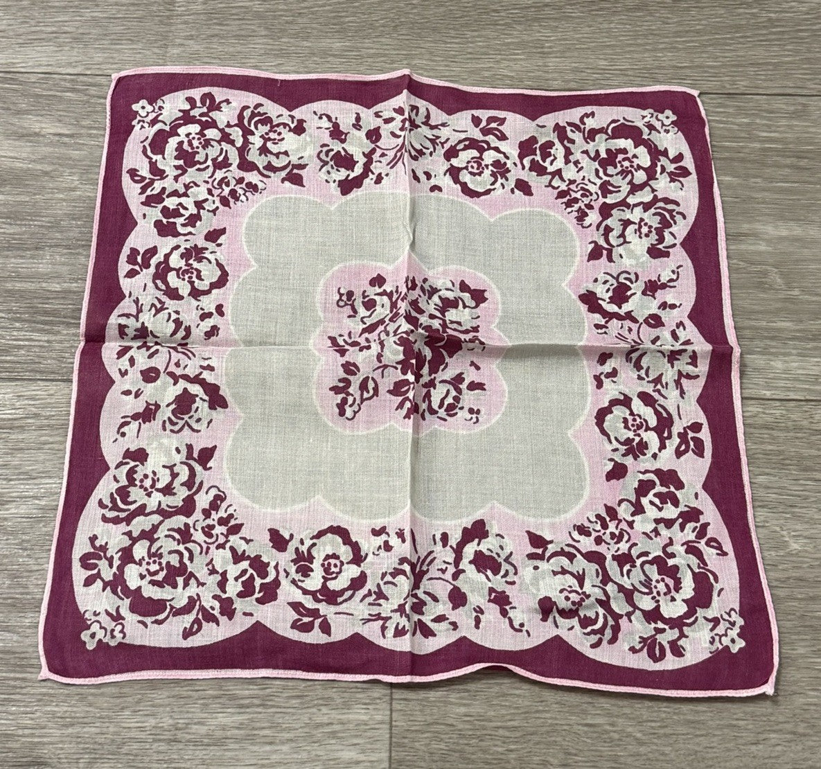 Beautiful Pink, Maroon & White Vtg. Wedding Handkerchief With Floral Roses 11”