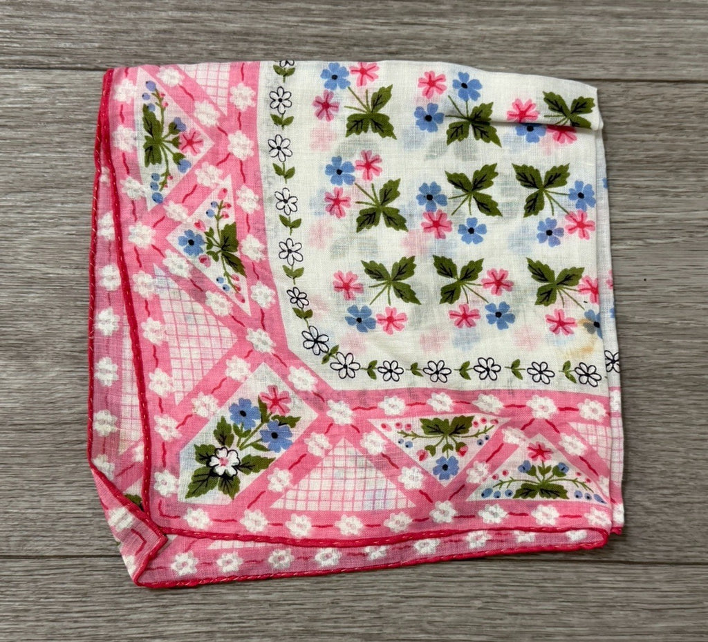Vintage Beautiful Tiny Flowers Boho Wedding Handkerchief Pink, Blue & White