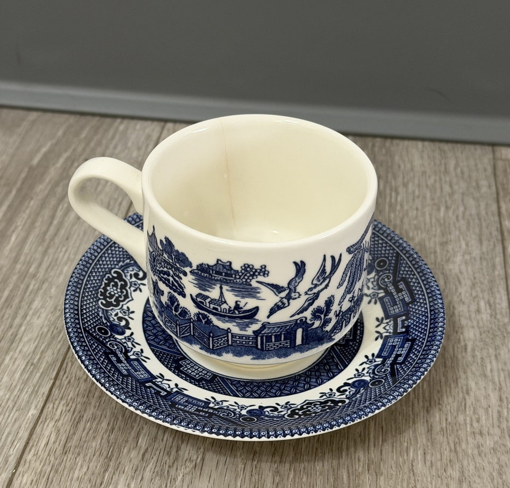 Churchill England Blue Willow Ceramic Teacup & Saucer England HAIRLINE CRACK