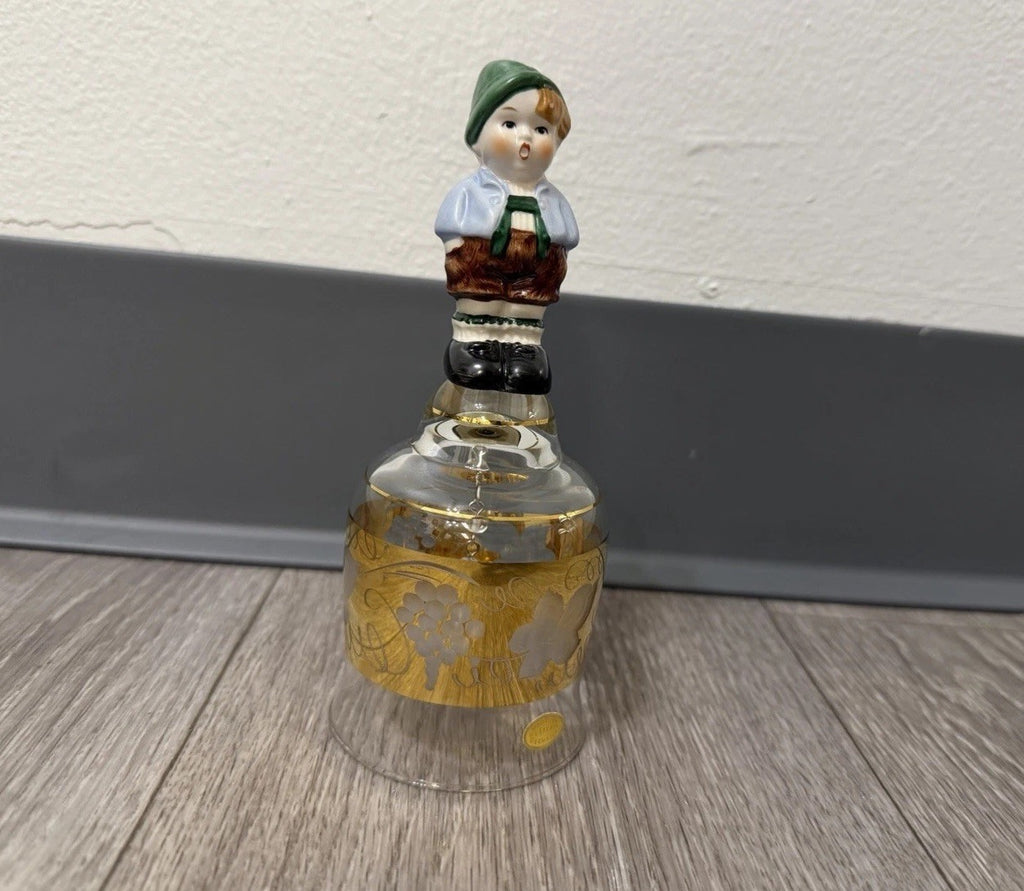 Vintage Goebel Western Germany Etched Crystal Glass Bell Ceramic Boy Handle