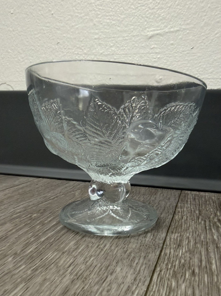 Vintage Footed Glass Bowl W/ Apples & Grapes Fruit Design Holiday Candy Dish