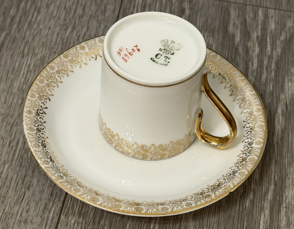 Small Size Antique CT Altwasser Germany Porcelain Tea Cup & Saucer Set Gold Trim