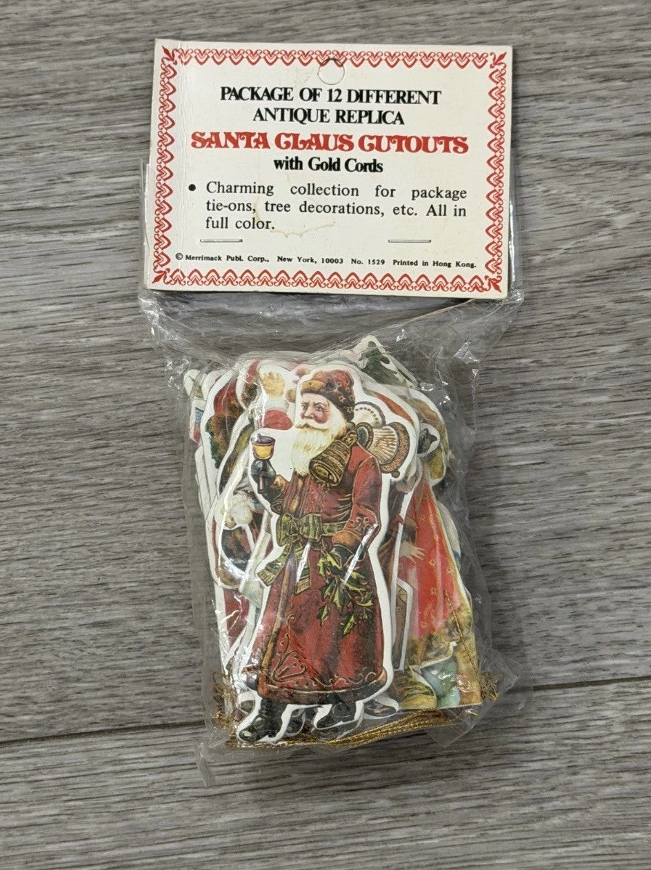 Vtg. Unopened Merrimack Xmas Ornaments Santa Claus Cardboard  Gold String New