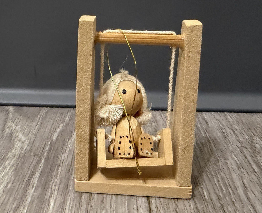 Vintage Wood  Girl on Swing Christmas Ornament 3”