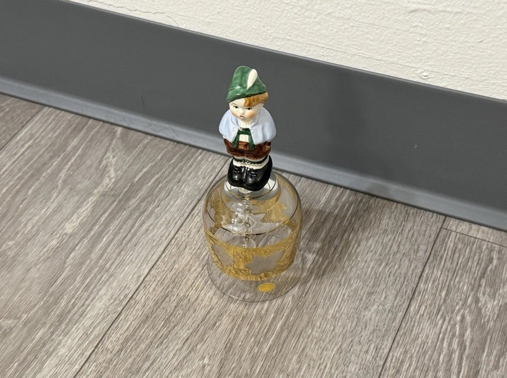 Vintage Goebel Western Germany Etched Crystal Glass Bell Ceramic Boy Handle