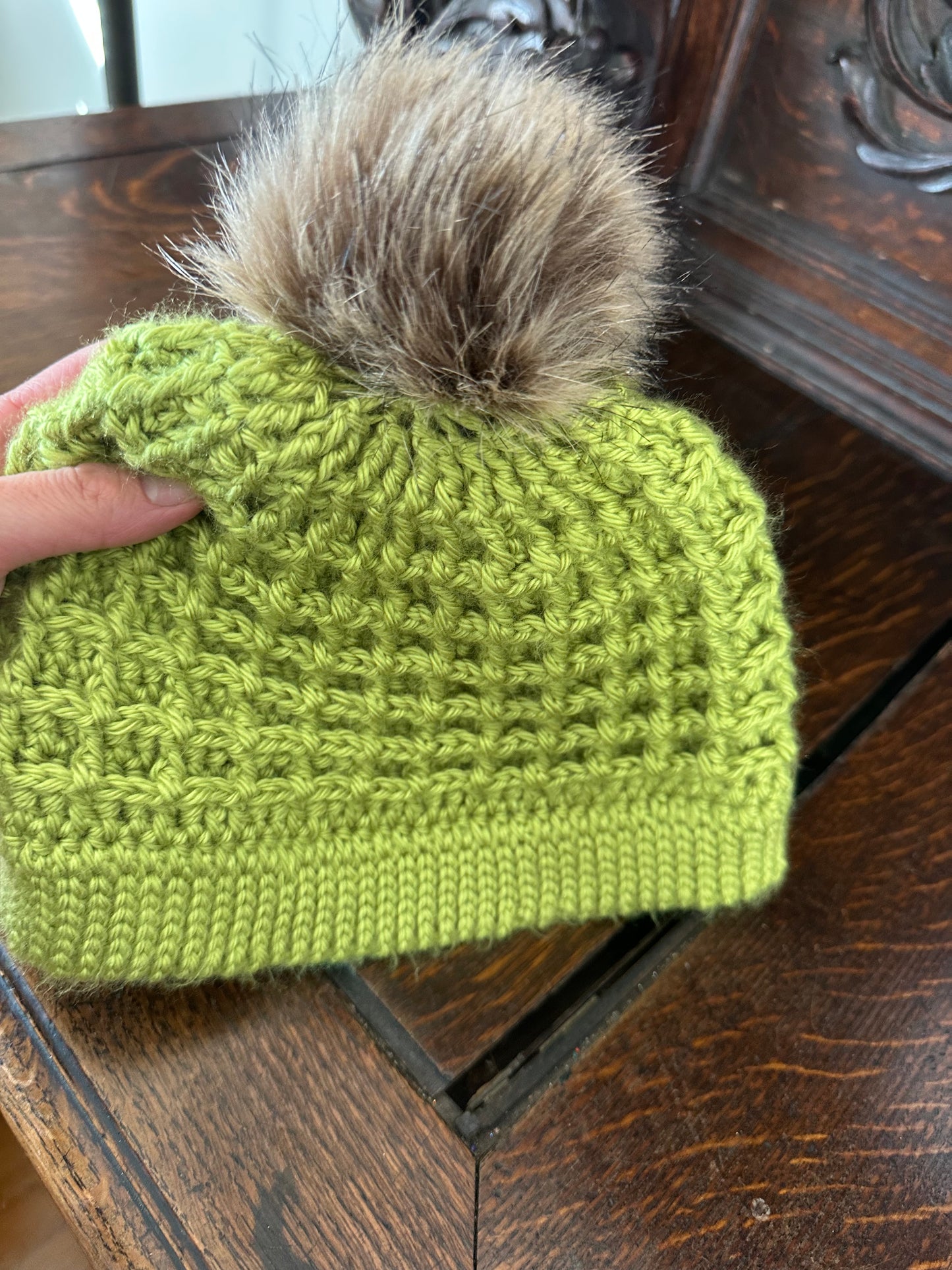 Green Cozy Hand Crocheted Waffle Stitch Beanie With Faux Fur Pom Pom, Handmade