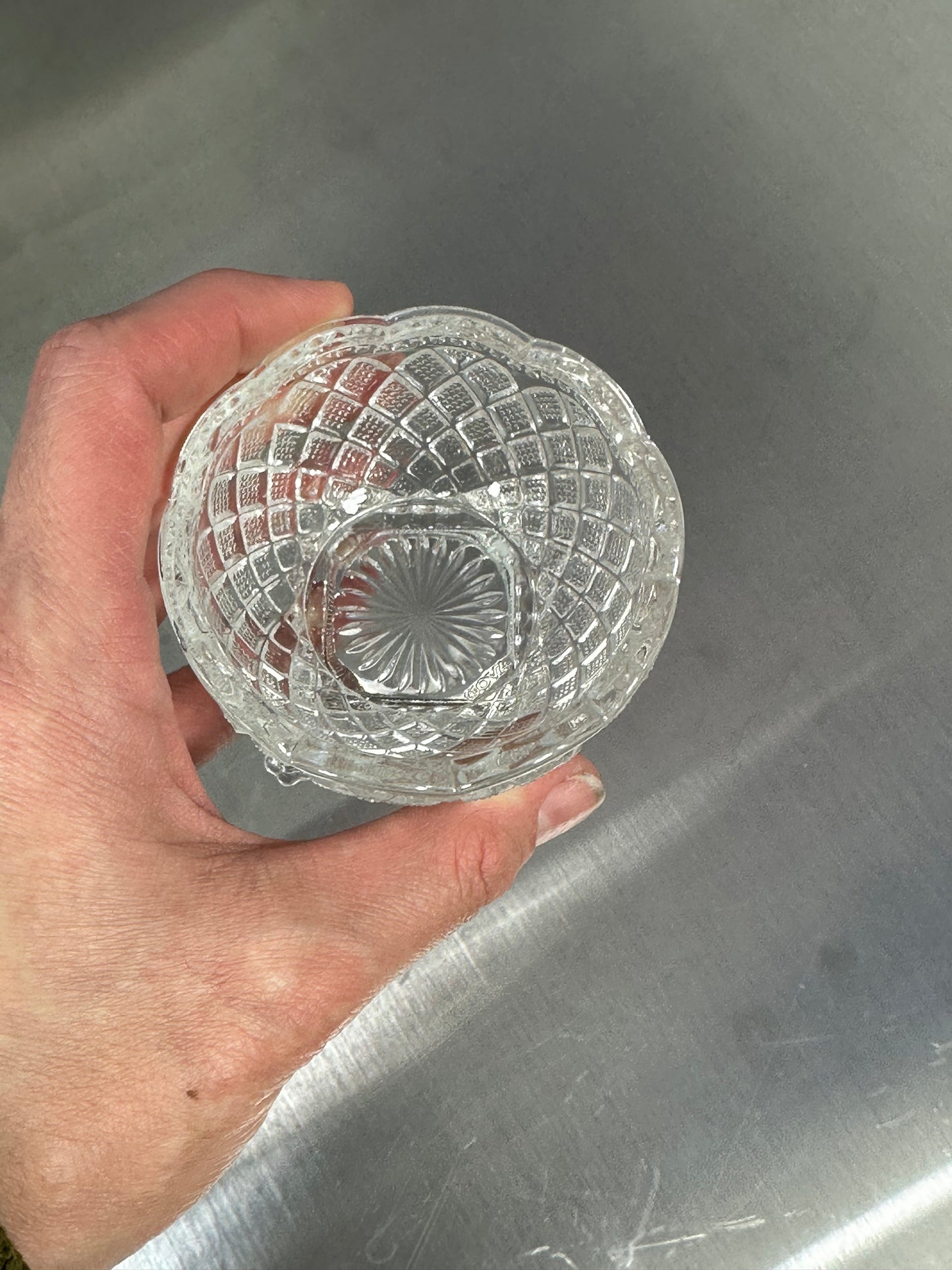 Avon By Fostoria Footed Glass Trinket Bowl Vintage ~ Diamond Lattice Scalloped