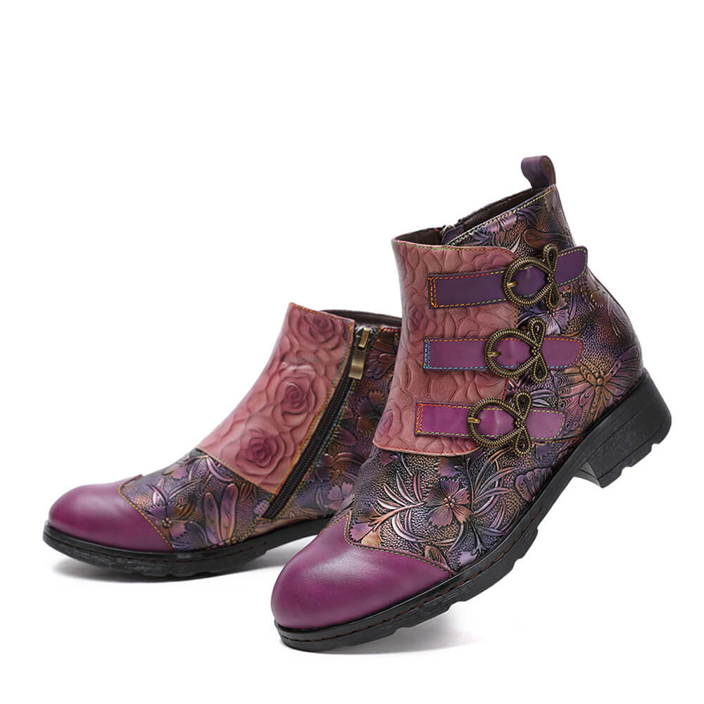 Women's Handmade Hand-Painted Leather Flat Ankle Boots