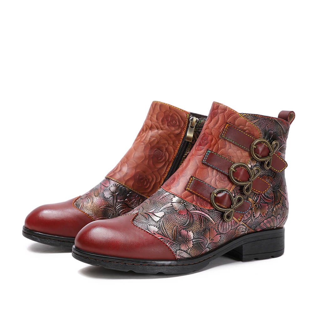 Women's Handmade Hand-Painted Floral Leather Faux Fur-Lined Flat Boots