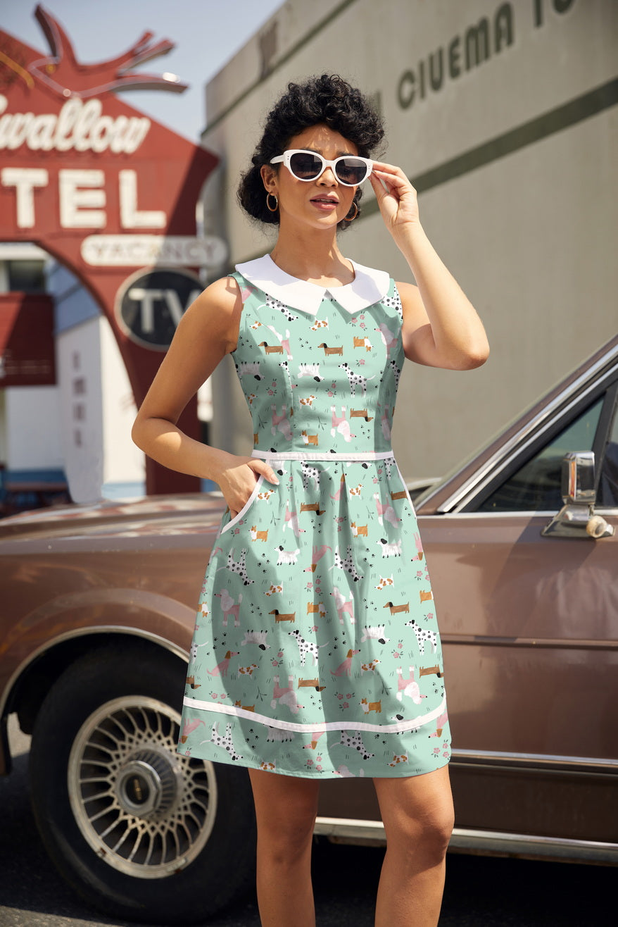 Retro Dogs Collared Dress