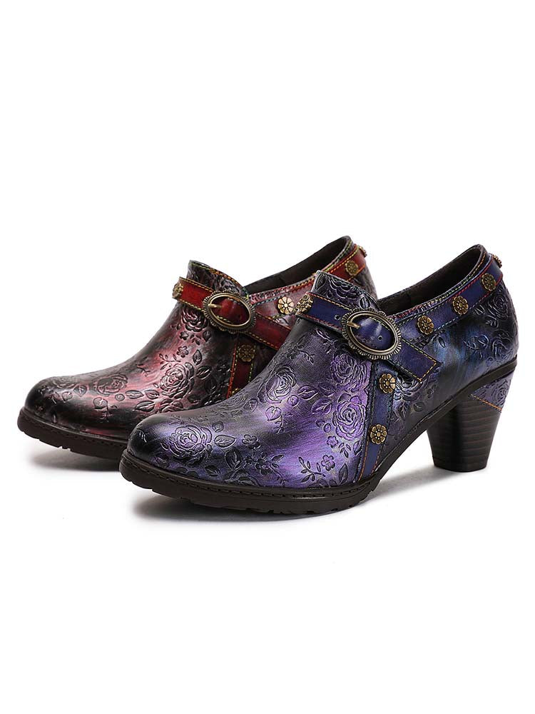 Women's Handmade Hand-Embossed Floral Leather Pumps