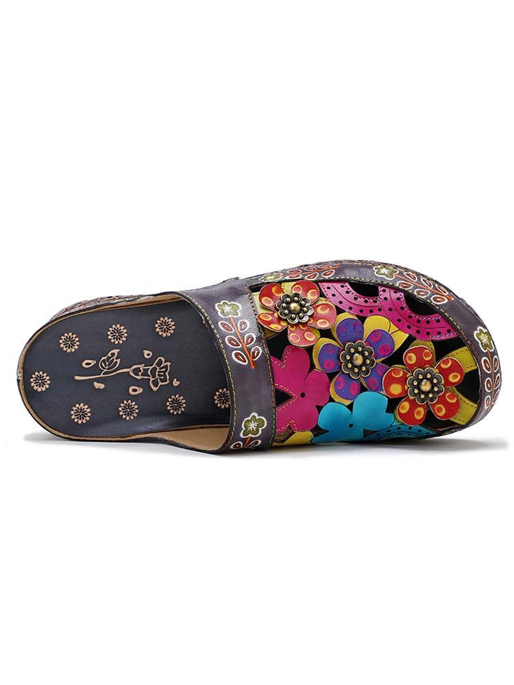 Women's Handmade Hand-Painted Floral Leather Slip-On Flats