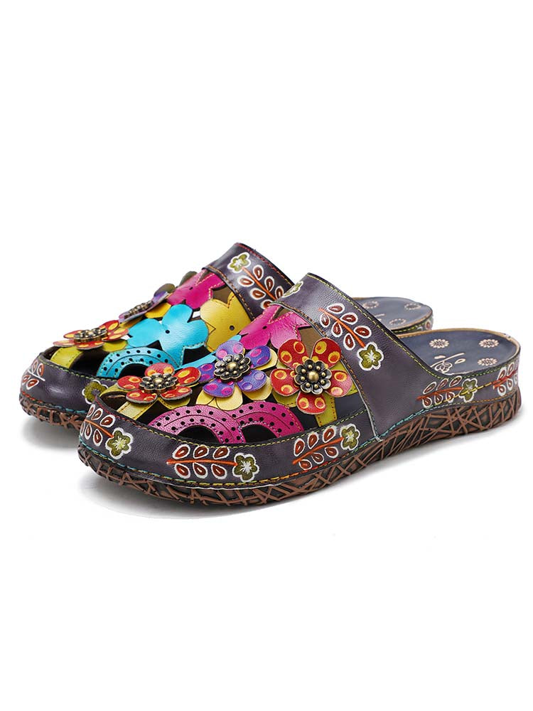 Women's Handmade Hand-Painted Floral Leather Slip-On Flats