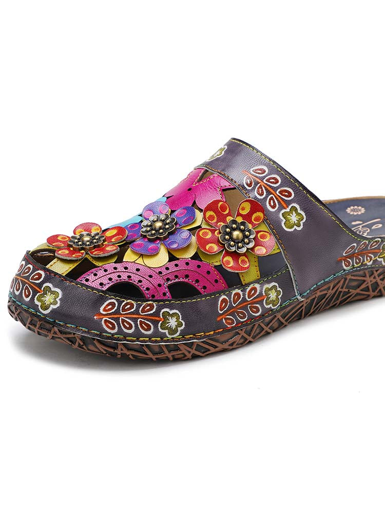 Women's Handmade Hand-Painted Floral Leather Slip-On Flats