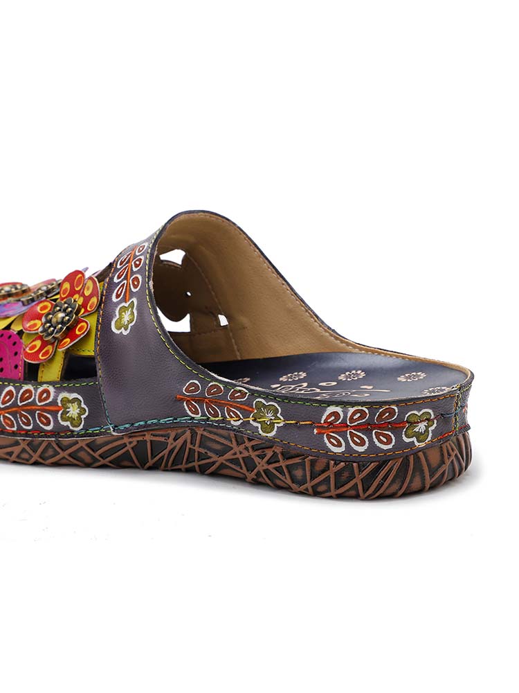 Women's Handmade Hand-Painted Floral Leather Slip-On Flats