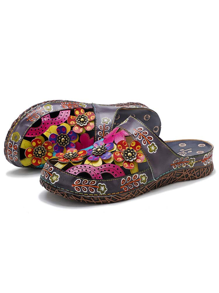 Women's Handmade Hand-Painted Floral Leather Slip-On Flats