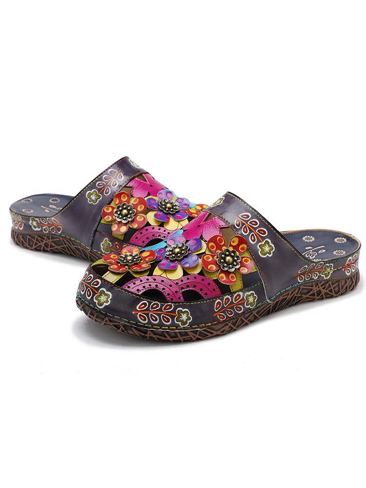 Women's Handmade Hand-Painted Floral Leather Slip-On Flats