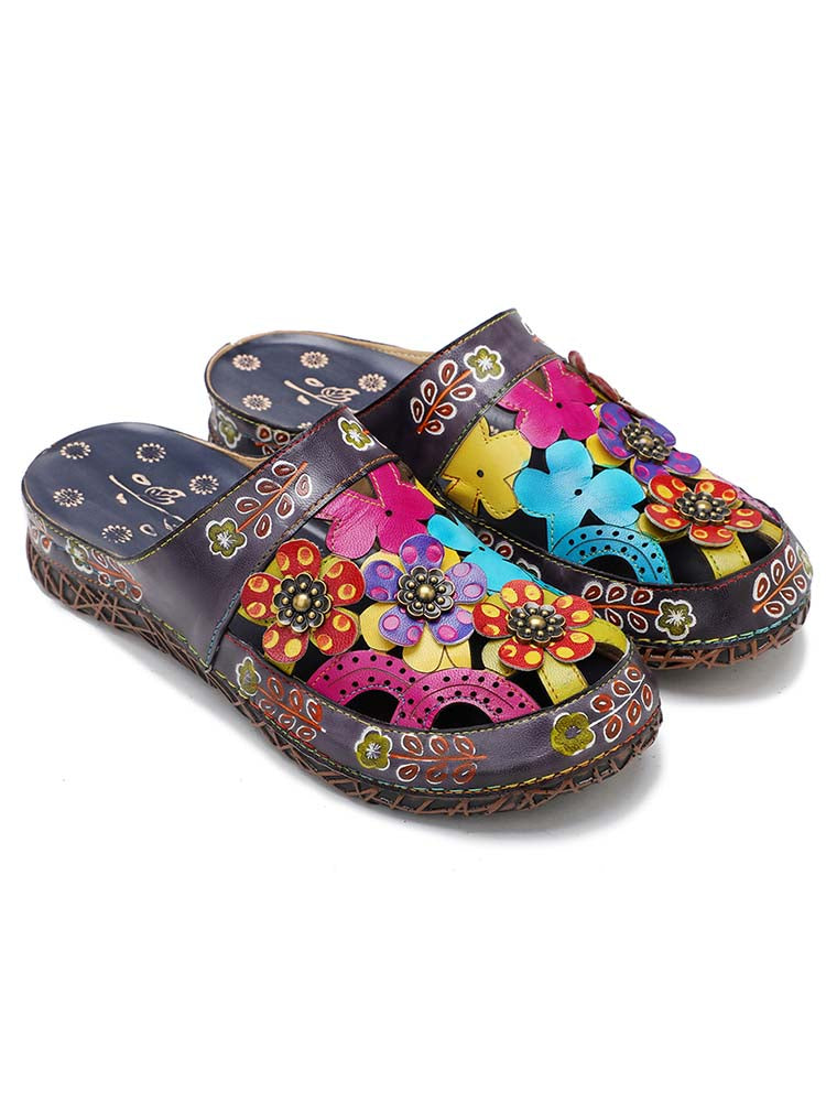 Women's Handmade Hand-Painted Floral Leather Slip-On Flats