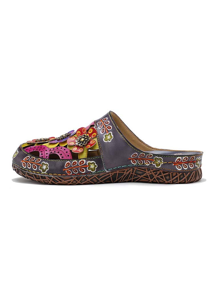 Women's Handmade Hand-Painted Floral Leather Slip-On Flats