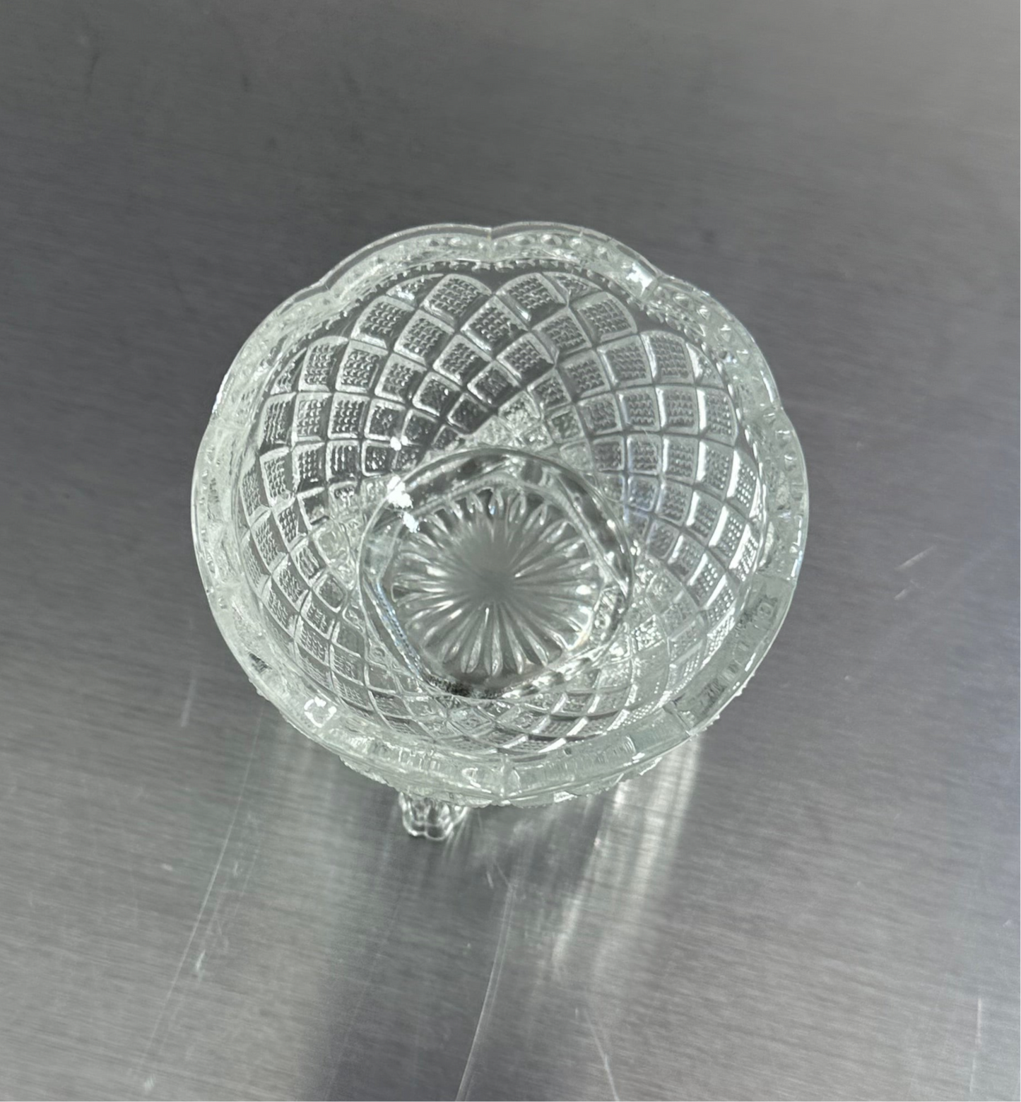Avon By Fostoria Footed Glass Trinket Bowl Vintage ~ Diamond Lattice Scalloped