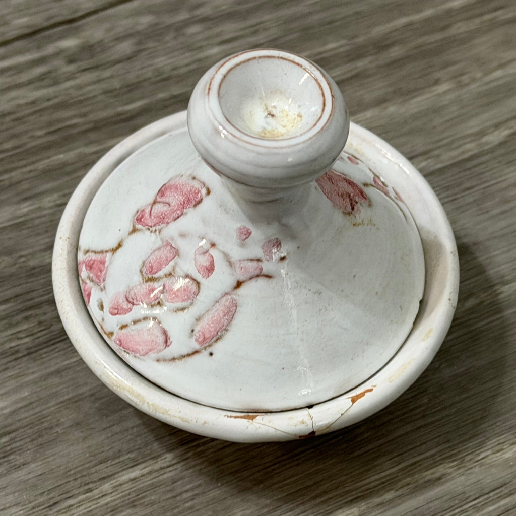 Vintage Small Clay Tagine — White with Pink Flowers, Handmade & Signed