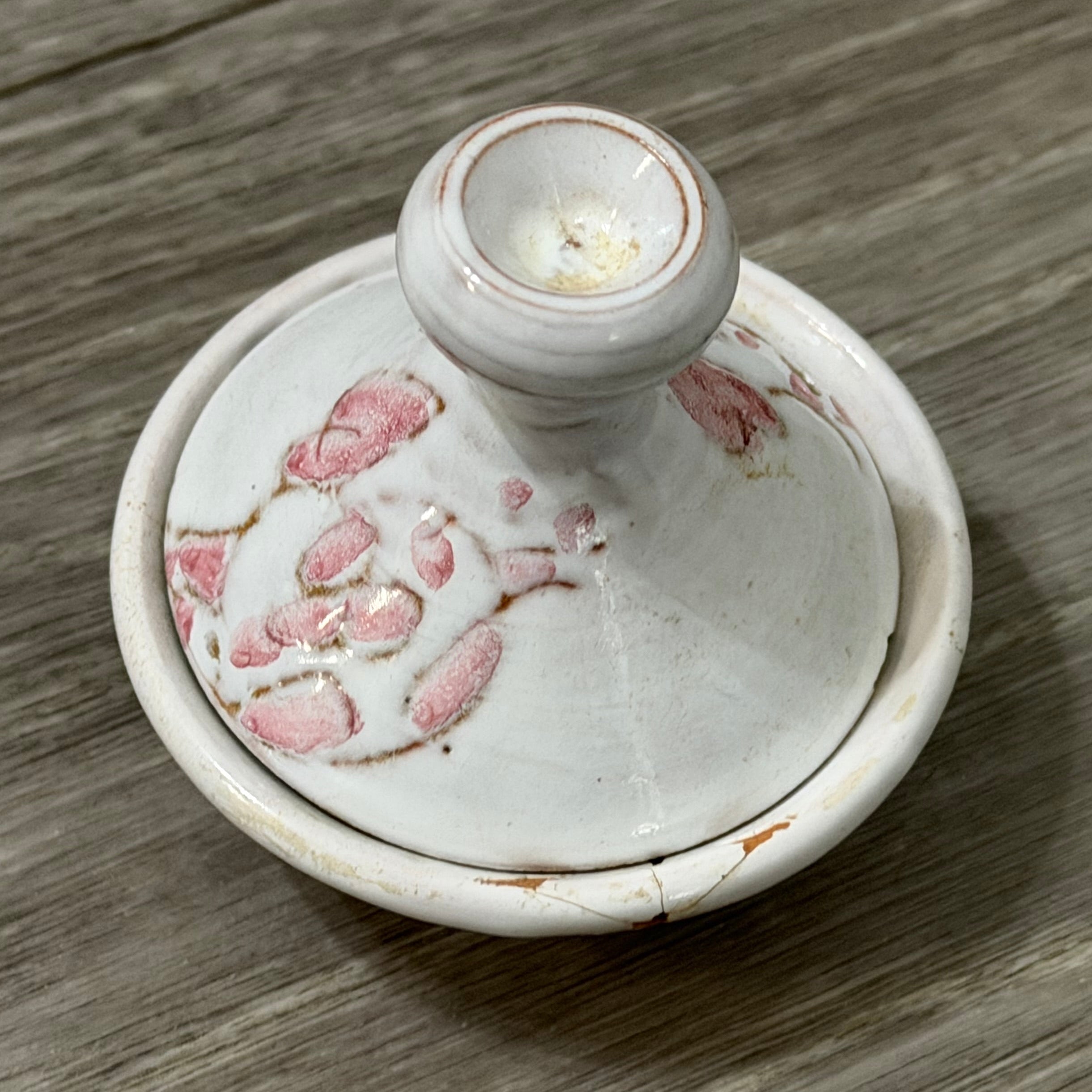 Vintage Small Clay Tagine — White with Pink Flowers, Handmade & Signed