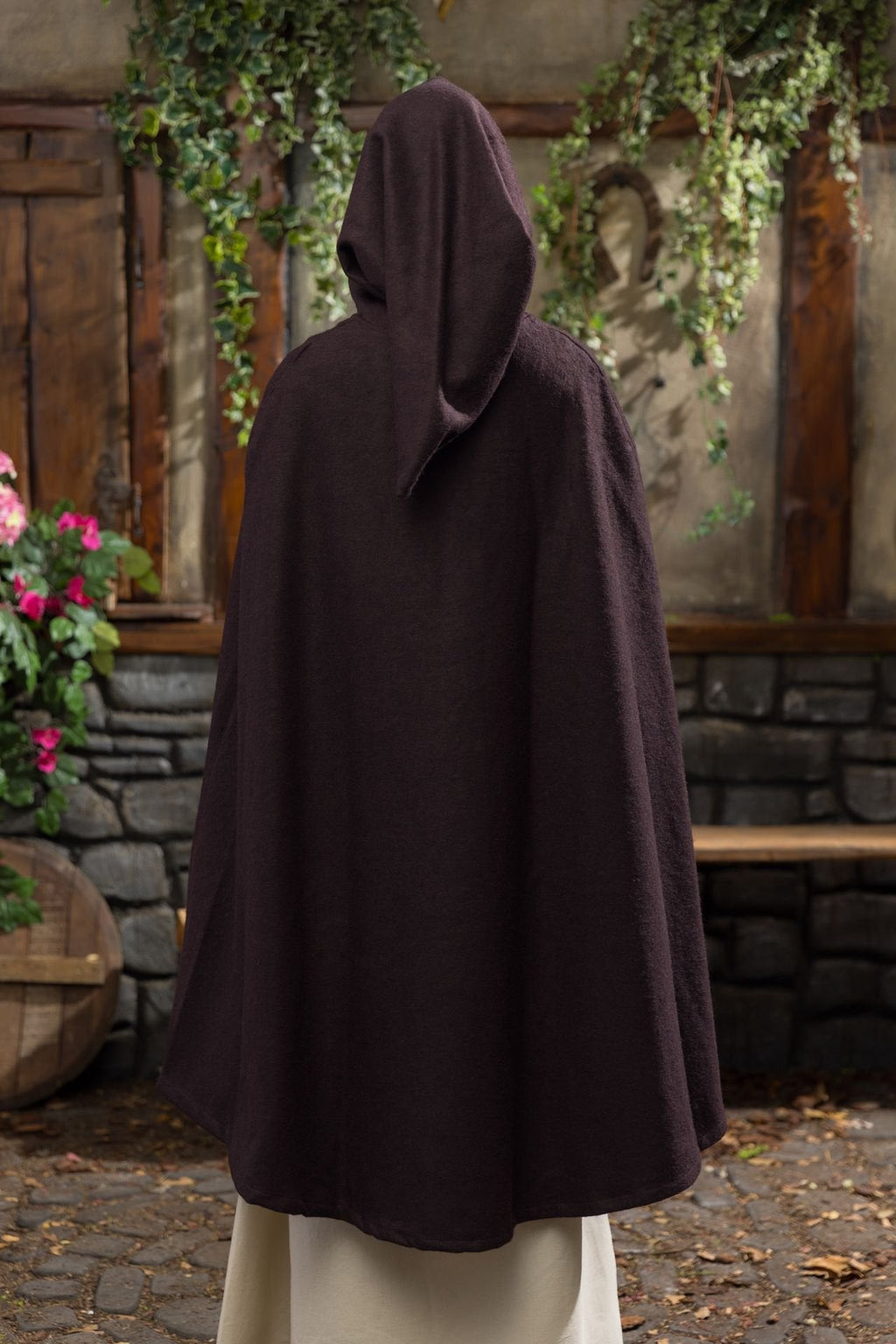 Medieval Cape Aric — Wool Felt Hooded Cape with Floral Embroidery (Brown)