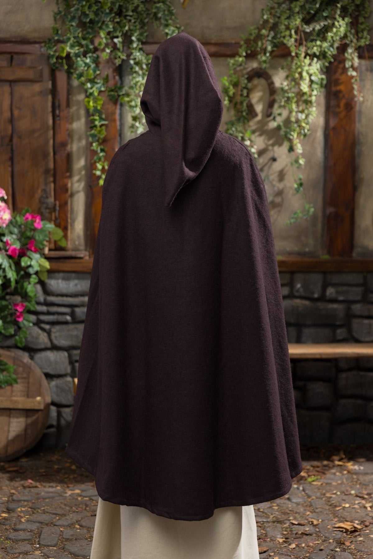 Medieval Cape Aric — Wool Felt Hooded Cape with Floral Embroidery (Brown)